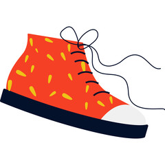 Vibrant Red High Top Sneaker with Yellow Speckles and White Toe Cap Detailed with Black Laces and Navy Blue Sole on a Transparent Background