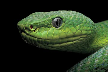 Realistic depiction of a slithering green snake showcasing intricate textures and vibrant colors in a black background setting