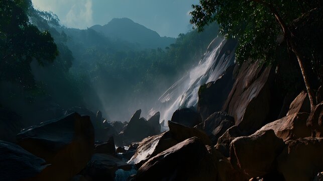 waterfall surrounded by dense green foliage and misty air creating serene scene