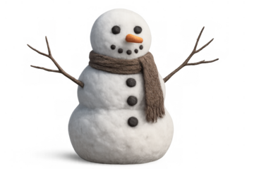 Snowman wearing a scarf with carrot nose and button eyes, celebrating winter holidays and christmas season