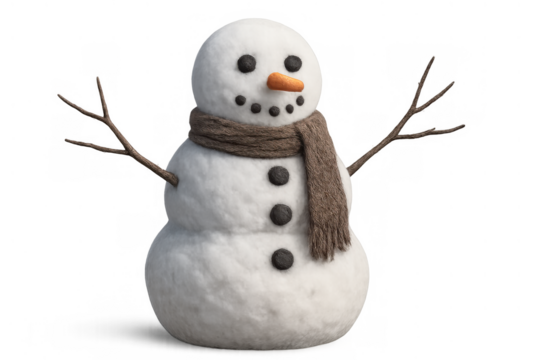 Snowman wearing a scarf with carrot nose and button eyes, celebrating winter holidays and christmas season