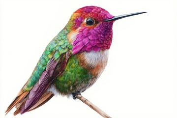 Obraz premium Realistic hand drawing of a colorful hummingbird perched on a branch showcasing vibrant plumage in a naturalistic style