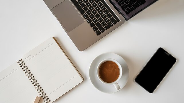 Minimalist workspace with laptop notebook coffee and smartphone - Powered by Adobe