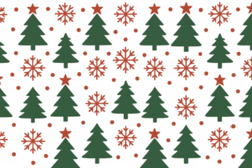 Christmas tree, star, and snowflake elements creating a tileable winter holiday pattern with a transparent background
