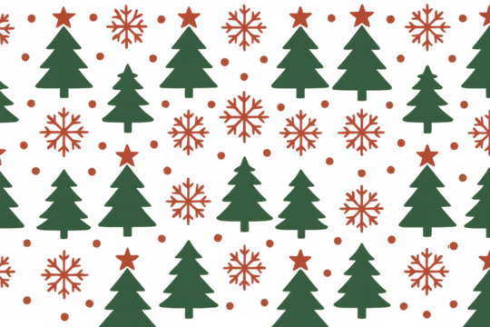 Christmas tree, star, and snowflake elements creating a tileable winter holiday pattern with a transparent background - Powered by Adobe