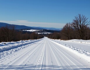 Obraz premium Serene Snowy Landscape with Road and Blue Sky