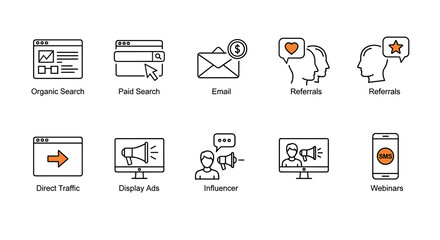 Diverse Marketing Channels Strategy Illustration: Exploring Organic & Paid Search, Email, Referrals, Direct Traffic, Display Ads, Influencer Outreach, Webinars to Enhance Digital Presence (200 chars)