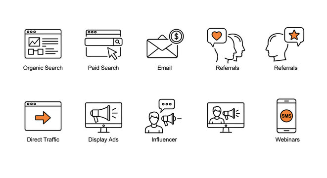 Diverse Marketing Channels Strategy Illustration: Exploring Organic & Paid Search, Email, Referrals, Direct Traffic, Display Ads, Influencer Outreach, Webinars to Enhance Digital Presence (200 chars) - Powered by Adobe