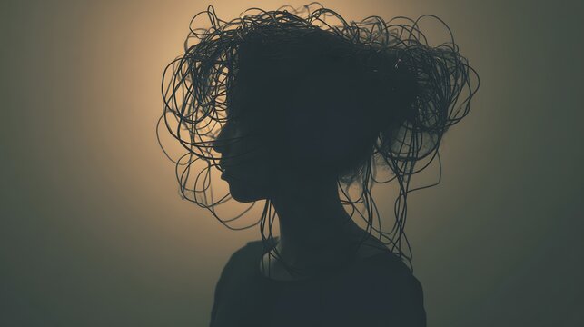 Silhouette profile of a person with a chaotic mass atop their head against muted light