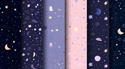 Collection of seamless celestial patterns featuring moons and stars in various pastel and dark color schemes
