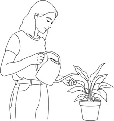Line Art Woman Watering Potted Houseplant with Watering Can