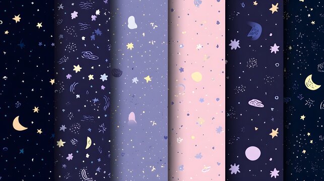Collection of seamless celestial patterns featuring moons and stars in various pastel and dark color schemes