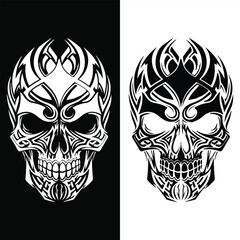 Tribal Skull Vector Illustration in Black and White with Intricate Tattoo Style Symmetrical Design