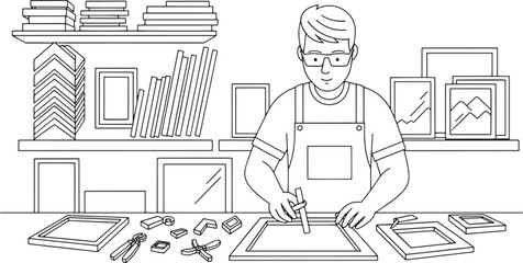 Picture Framer at Work: Artisan Crafting Custom Frames in a Workshop Line Art Illustration