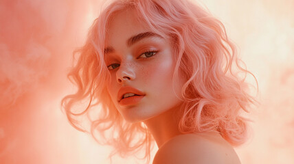 Pastel Peach Cloud Fantasy Portrait. A delicate fusion of light, texture, beauty in ethereal motion