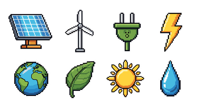 Pixel Art Renewable Energy Icons Displaying Sustainability, Ecology, and Green Solutions in a Modern, Minimalist Style for Environmental Conservation Presentations and Educational Material, Illustrati