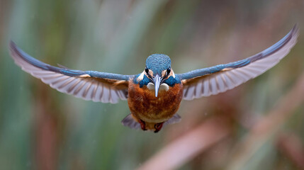 Kingfisher flying at me with fish. Kingfisher flys straight at the camera showing off