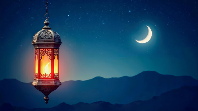 Ramadan lantern with crescent moon on night sky background