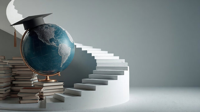 Education and Study abroad concept design of globe with graduation cap on book stairs