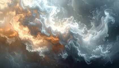 Abstract art featuring flowing, swirling clouds of color, golden light contrasting with cool grays and whites
