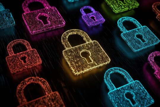 Cybersecurity banner featuring multicolored lock icons on a digital background highlighting data protection and online security themes