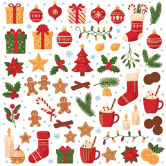 Holiday Christmas Icons Vector Set Holly Ornaments Gingerbread Cookies Candles Gifts and Cocoa Mug Illustration for Scrapbooking Winter Greeting Cards