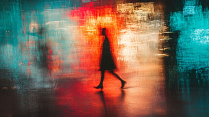 A mysterious figure walking through a glowing city night, painted in blur and reflection