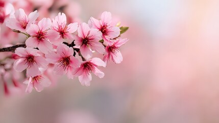 Obraz premium Delicate pink blossoms cluster together on a dark branch against a soft, light background.