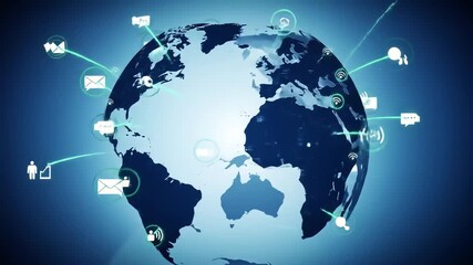 Global Communication Network with Digital Data Flow and Connected Icons Representing Worldwide Information Exchange and Internet Connectivity on a Blue Earth Background. - Powered by Adobe