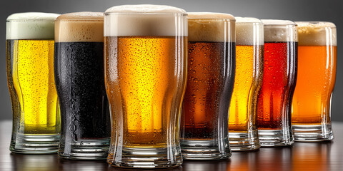 Row of Five Beer Glasses Showing A Range From Pale Ale To Dark Stout with Frothy Heads