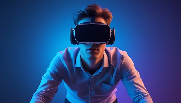 Man experiencing virtual reality with headset illuminated by blue and pink light futuristic technology