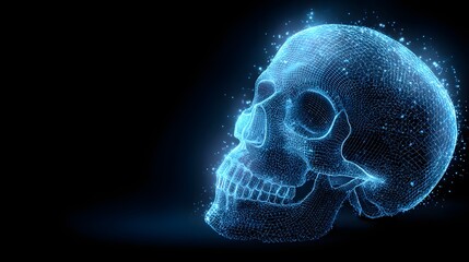 Digital wireframe representation of a human cranium glows with blue particle effects against a dark background
