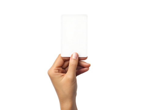Hand holding blank white card isolated on black background isolated on white background isolated on transparent background
