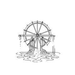 Water wheel illustration drawing vintage mill machinery river energy black and white line art diagram graphic