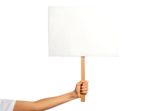 Hand holding blank protest sign isolated on black background isolated on white background isolated on transparent background