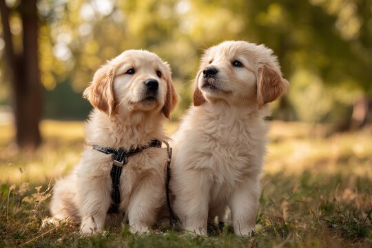 Cute golden retriever puppies playing happily in the park during a sunny afternoon filled with joy and companionship