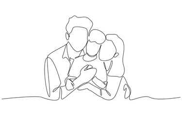 Continuous one line drawing of family embracing each other, representing love, unity, and protection, single line art.