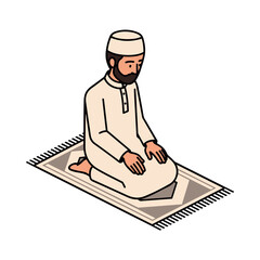 Illustration of a Muslim man praying on a rug, depicting religious devotion and cultural practice