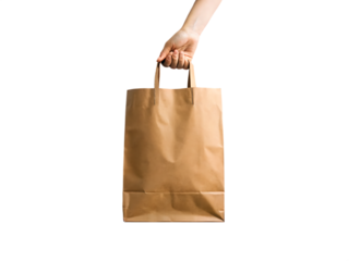 Hand holding a brown paper shopping bag isolated on black background isolated on white background isolated on transparent background
