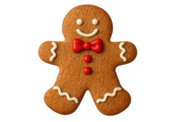 Decorated gingerbread man cookie smiling, featuring a red bow tie and white icing details for festive holidays