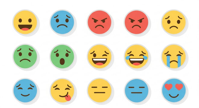 Collection of fifteen emoji icons displaying various expressions and emotions on a white background created with generated ai