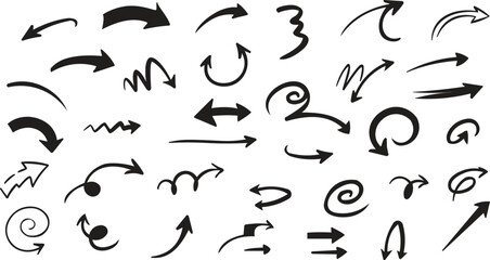 A Diverse Vector Collection of Hand-Drawn, Doodle-Style Arrows, Swirls, and Directional Pointers in Black Silhouettes for Creative Design and Annotation