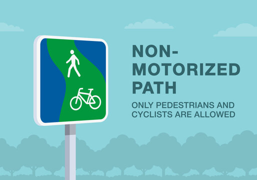 Safe driving tips and traffic regulation rules. Close-up of european "greenway for pedestrians and cyclists" sign meaning. Non-motorized path. Flat vector illustration template.