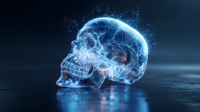 Glowing digital human skull rests upon a reflective dark surface with scattered light particles - Powered by Adobe