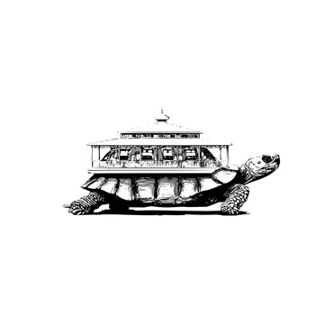 Turtle house illustration: whimsical tortoise carrying a building on its back detailed drawing art print