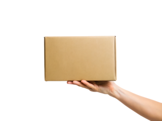 Hand holding a cardboard box isolated on black background isolated on white background isolated on transparent background