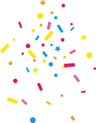 pattern illustrating falling confetti in various geometric shapes—circles, rectangles, and stars—rendered in vibrant colors including red, yellow, pink, and blue, creating a downward cascade effect.