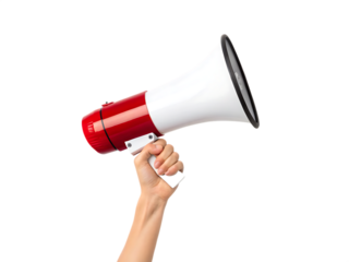 Hand holding a red and white megaphone isolated on black background isolated on white background isolated on transparent background