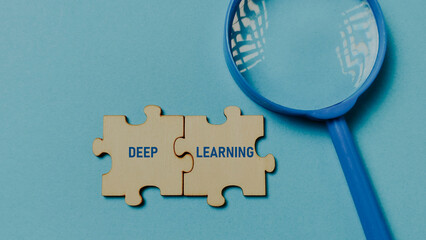 Deep Learning Concept: Connected Puzzle Pieces and Blue Magnifying Glass on a Digital Background