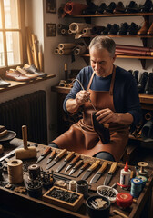 A shoemaker repairing leather shoes in a workshop, realistic tools.